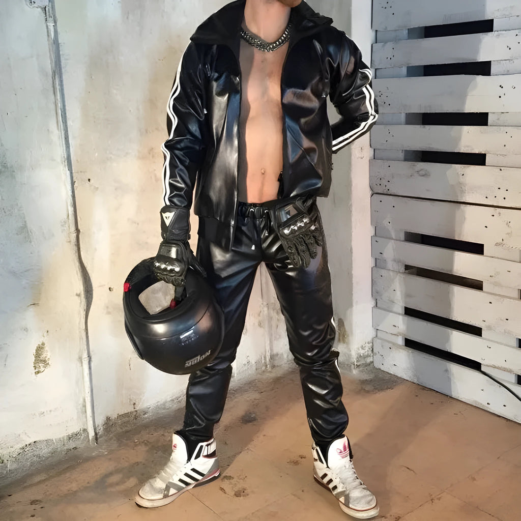 Men's black hooded sports set with nylon jacket and trousers featuring PU leather accents
