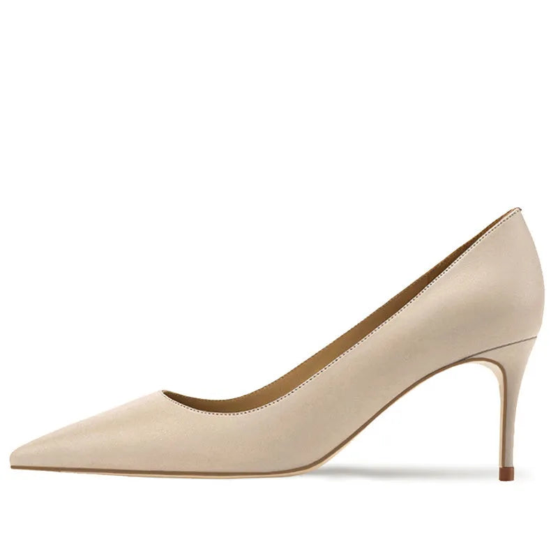Women's black pointed toe slip-on high heels with a French mouth design on a white background.