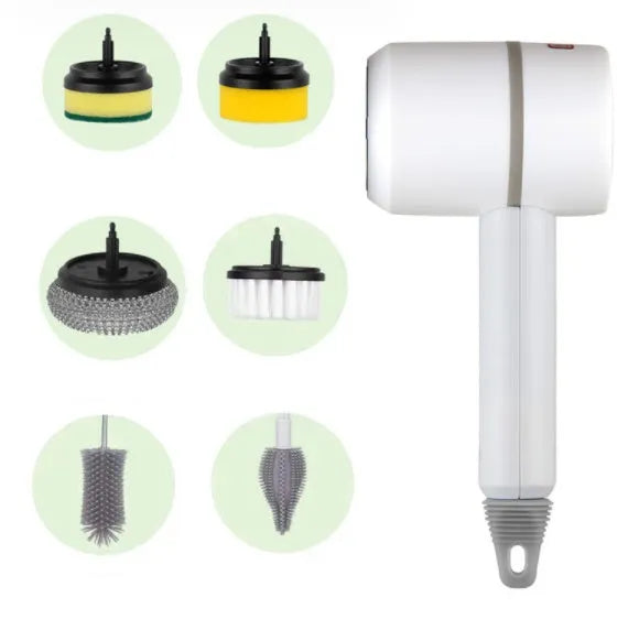 Green rechargeable electric cleaning brush with three interchangeable scrub heads on a kitchen counter.