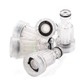 Transparent plastic inlet joint for Karcher pressure washers showing 3cm diameter