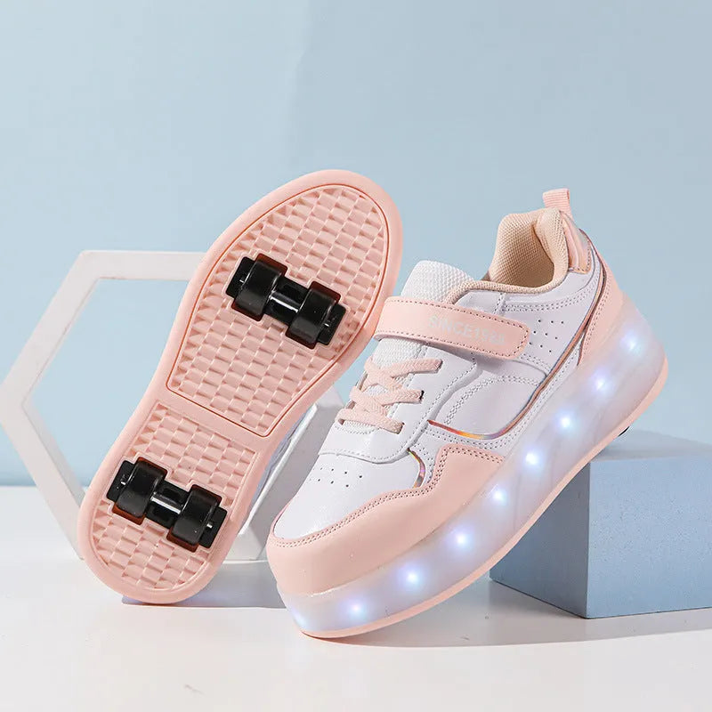 Children's charging flash rollerskates with LED lights in multiple colour options