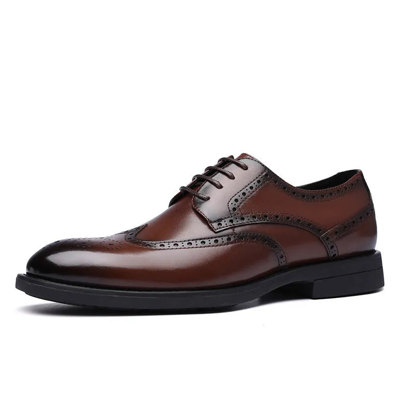 Men's black and brown brogue leather shoes with traditional perforated detailing for business wear