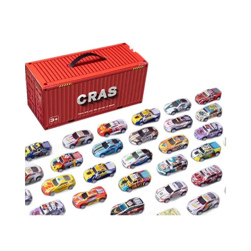 Red gift box containing 48 mixed alloy sliding warrior toy cars for children, each 4x5cm
