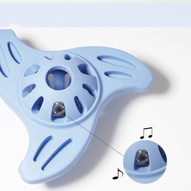 Blue TPU boomerang dog chew toy for medium and large breed dogs with textured molar cleaning surfaces
