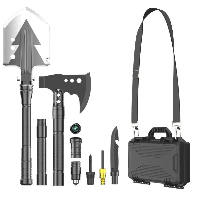 Black 80cm military shovel set with axe, knife, and multiple survival accessories in storage case