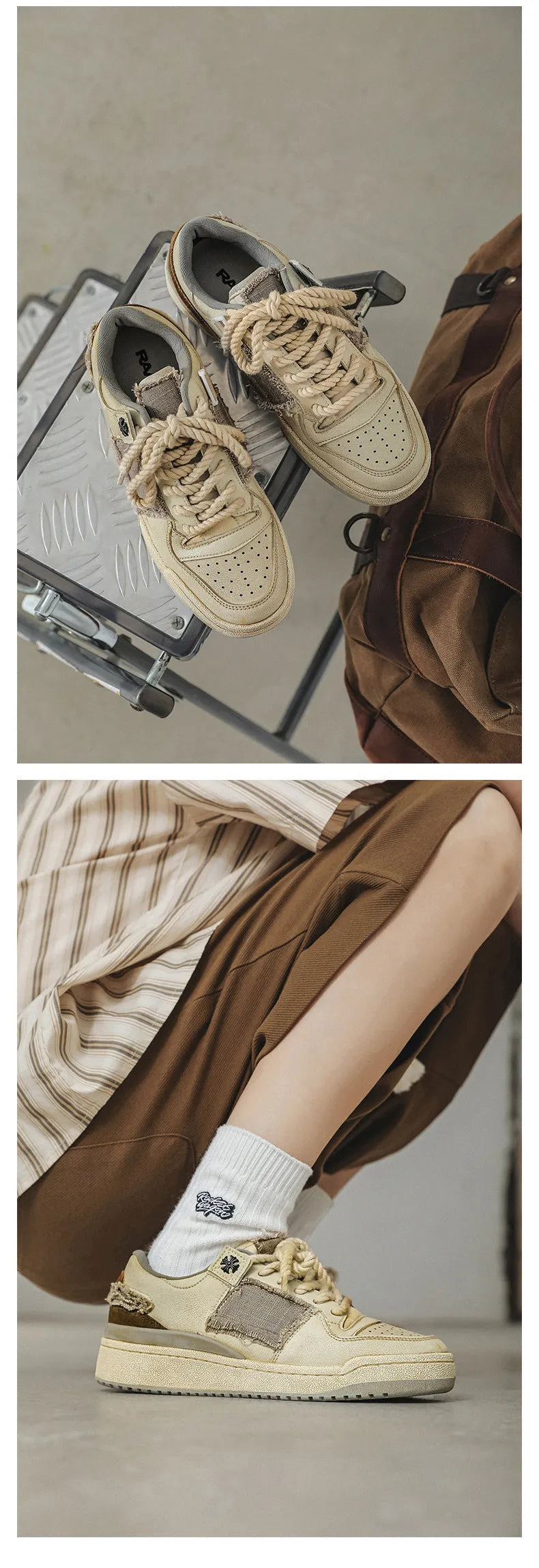 Beige low-top vintage skate shoes with round toe and front lace-up closure on a solid background.