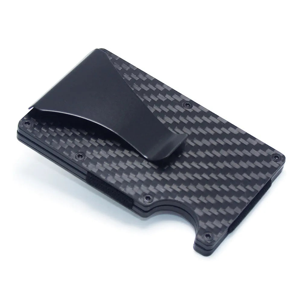 Slim geometric carbon fibre card wallet in multiple colours on a gift box.