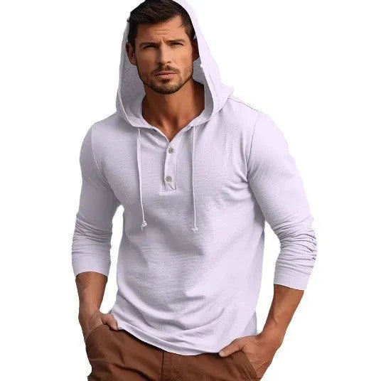 Men's casual cotton hoodie top in dark blue colour showing pullover design with long sleeves