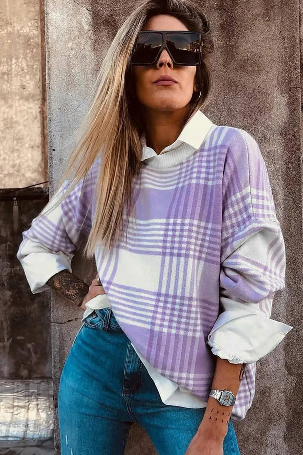 Lilac plaid print loose sweater with ribbed cuffs and long sleeves