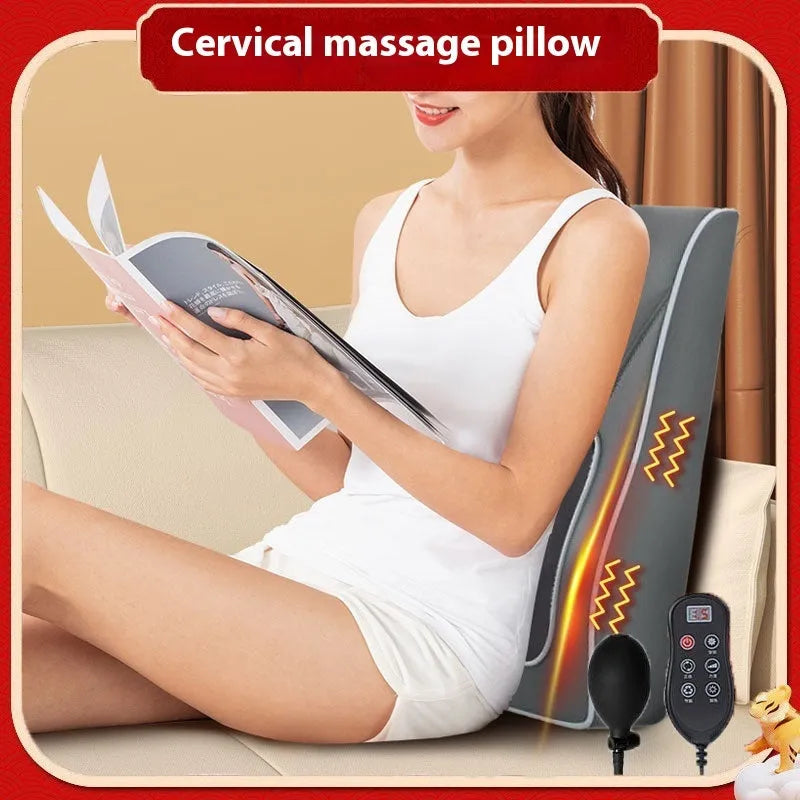 Heating electric magnetic therapy vibration massage pillow Deluxe Silver Grey edition with remote control on a chair