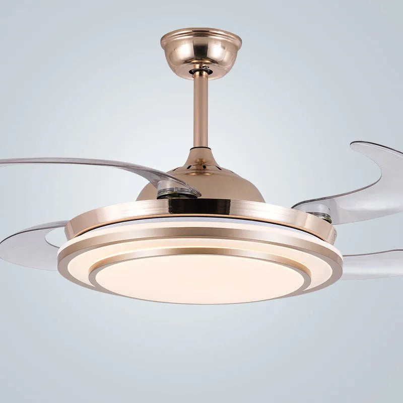 Gold 42 inch full spectrum LED fan chandelier with invisible ABS blades and acrylic shade for living room