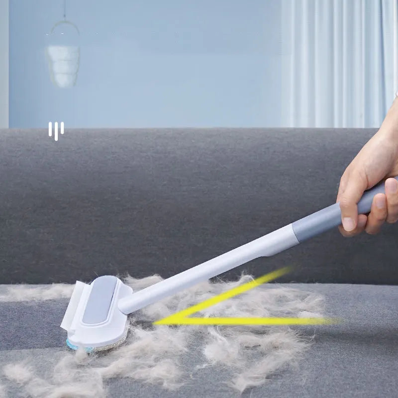 Multifunctional 4-in-1 cleaning brush with flannel head and extension handle for pet hair and screen cleaning.