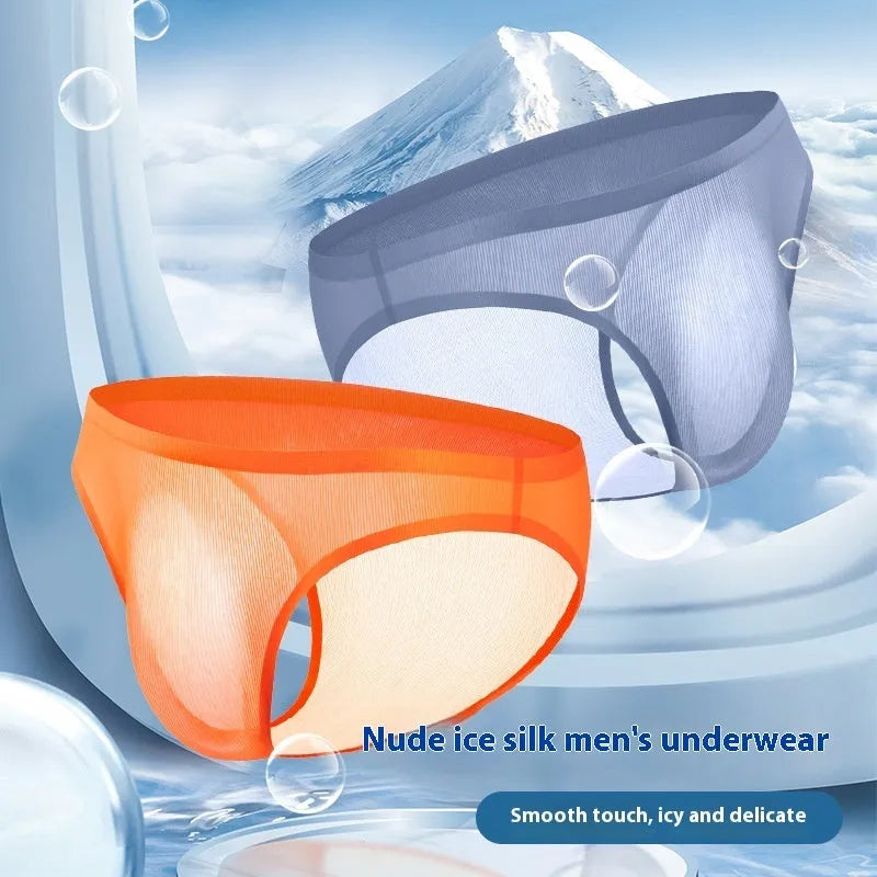Translucent ice silk men's seamless briefs in striped patterns showing low waist design