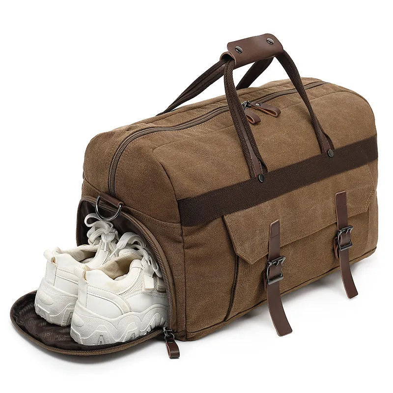 Large capacity crossbody travel bag in canvas with retro style sewing line detailing
