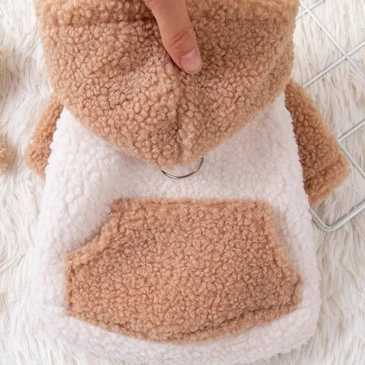 Thickened hooded cotton-padded dog coat in brown colour showing fleece lining and size options