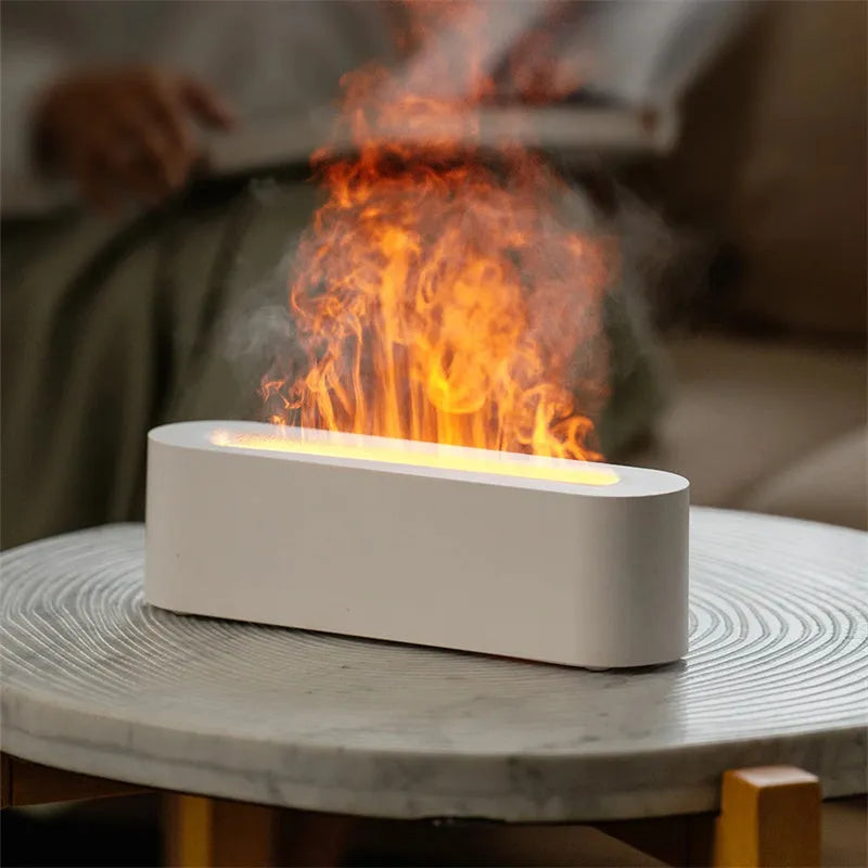 White square flame aroma diffuser with LED lights emitting cool mist humidification
