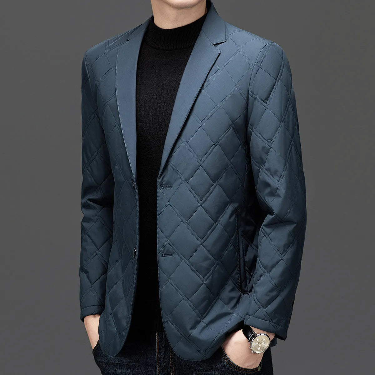Men's loose-fit mulberry silk blend cotton-padded jacket in black with side pockets