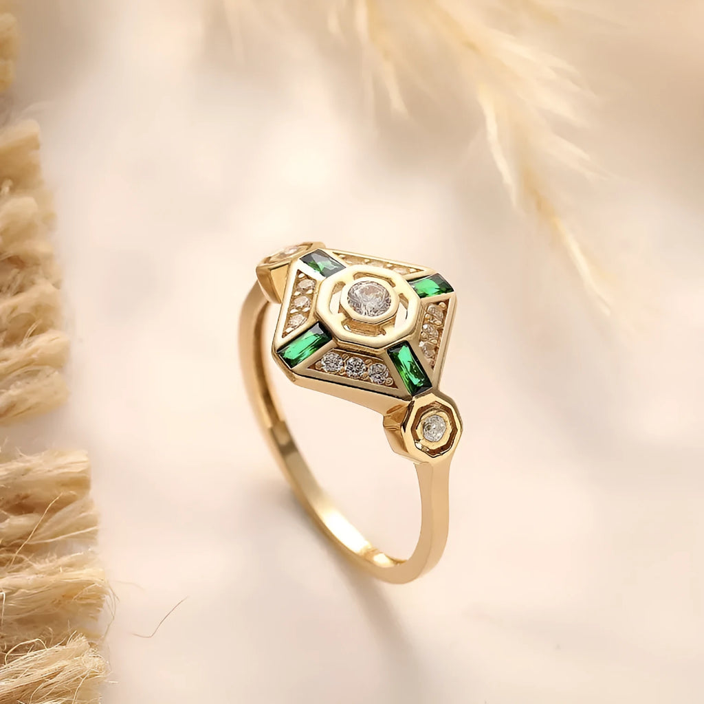 Women's geometric square ring with green zircon stones in Ins style design
