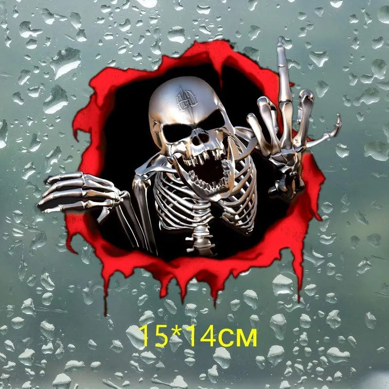 Colourful reflective metal skull car bumper sticker with a shattered design on a 15x14cm PET vinyl decal.