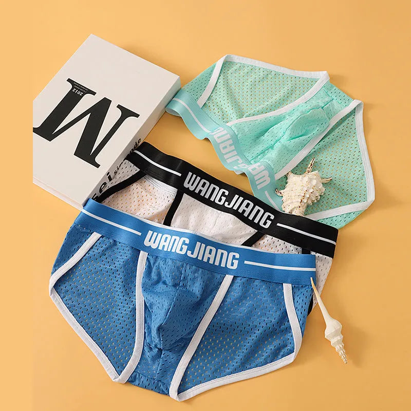 Men's ice silk triangle underwear in black, white, grey, blue, pink, or light green