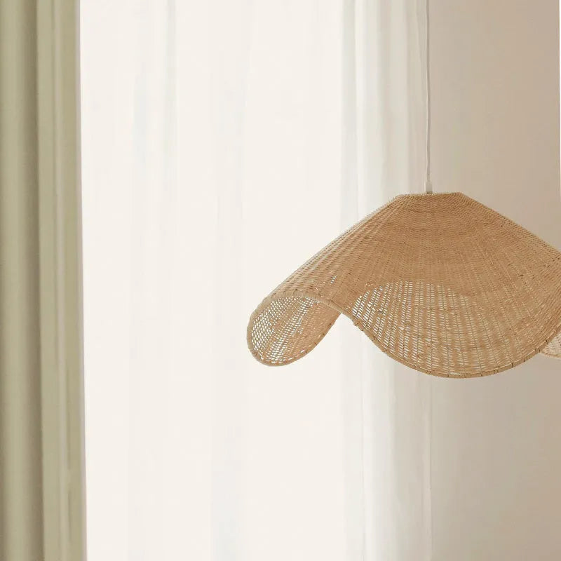 Handmade rattan bamboo chandelier with natural fibre shade and warm LED light