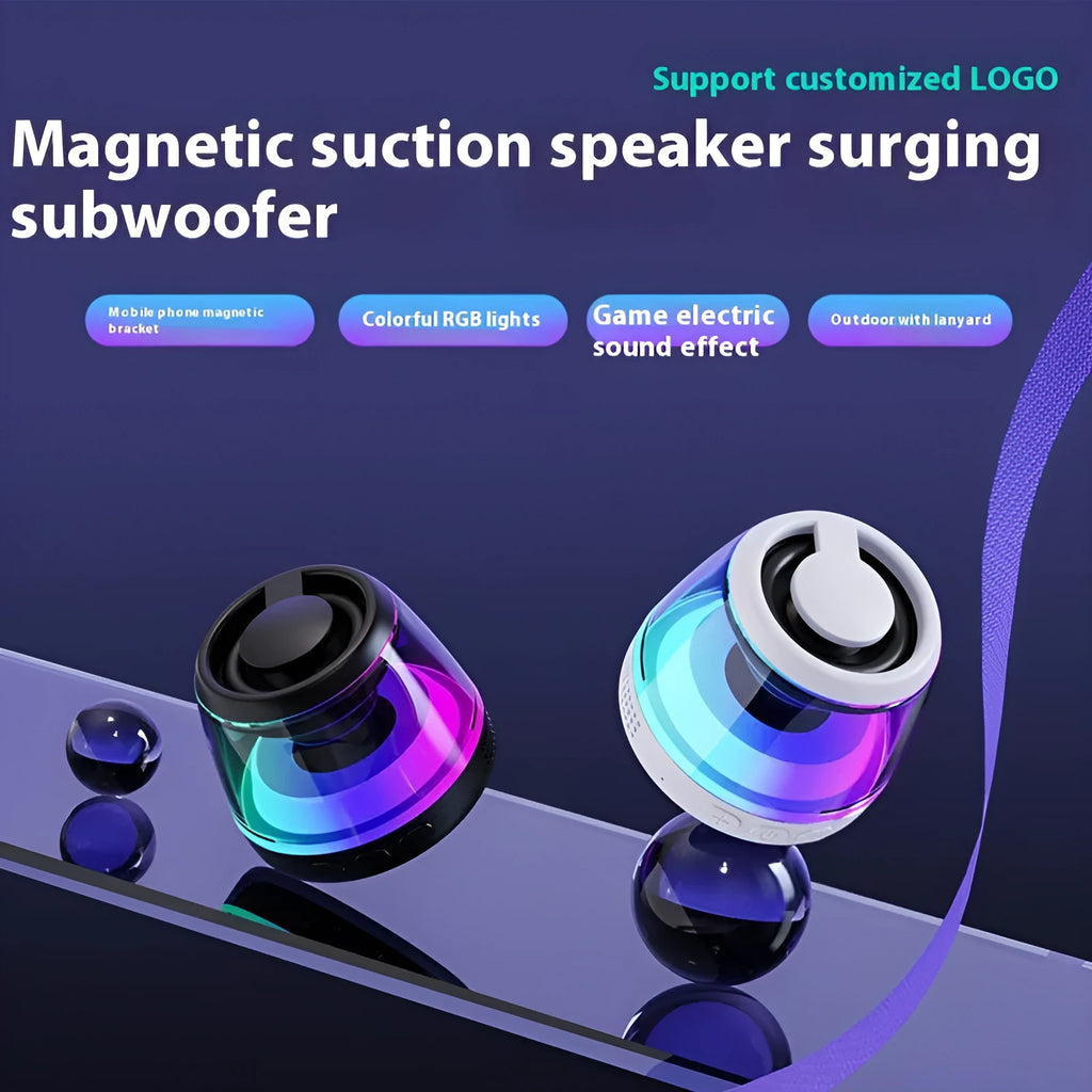 White mini Bluetooth speaker with ambient light on magnetic base