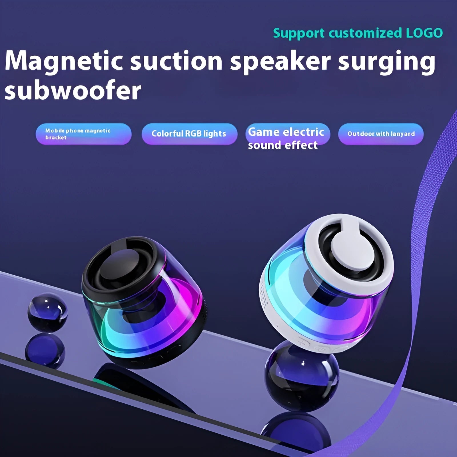 White mini Bluetooth speaker with ambient light on magnetic base