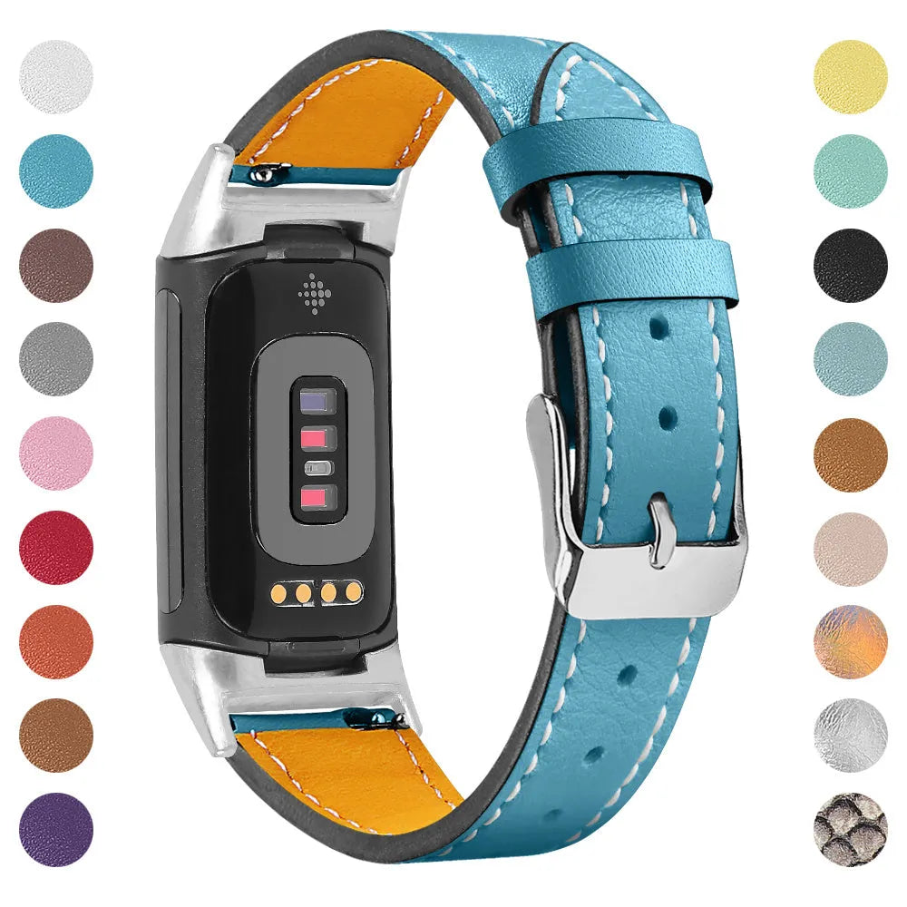 Genuine cowhide leather replacement strap for Fitbit Charge 5 and Charge 6 smartwatches in multiple colour options.