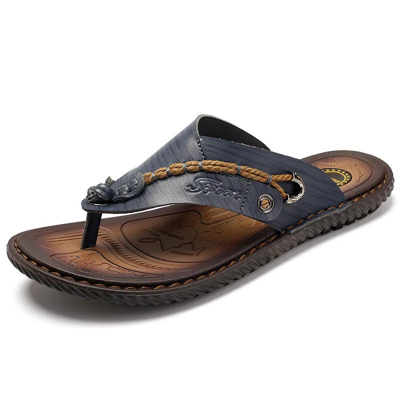 Men's casual non-slip slippers in PU leather, shown in black, blue, khaki, and light brown colours.