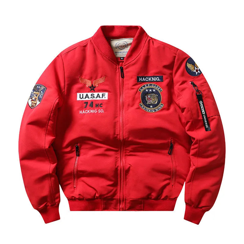 Men's blue retro Harley Davidson motorcycle coat with embroidered patches and stand collar