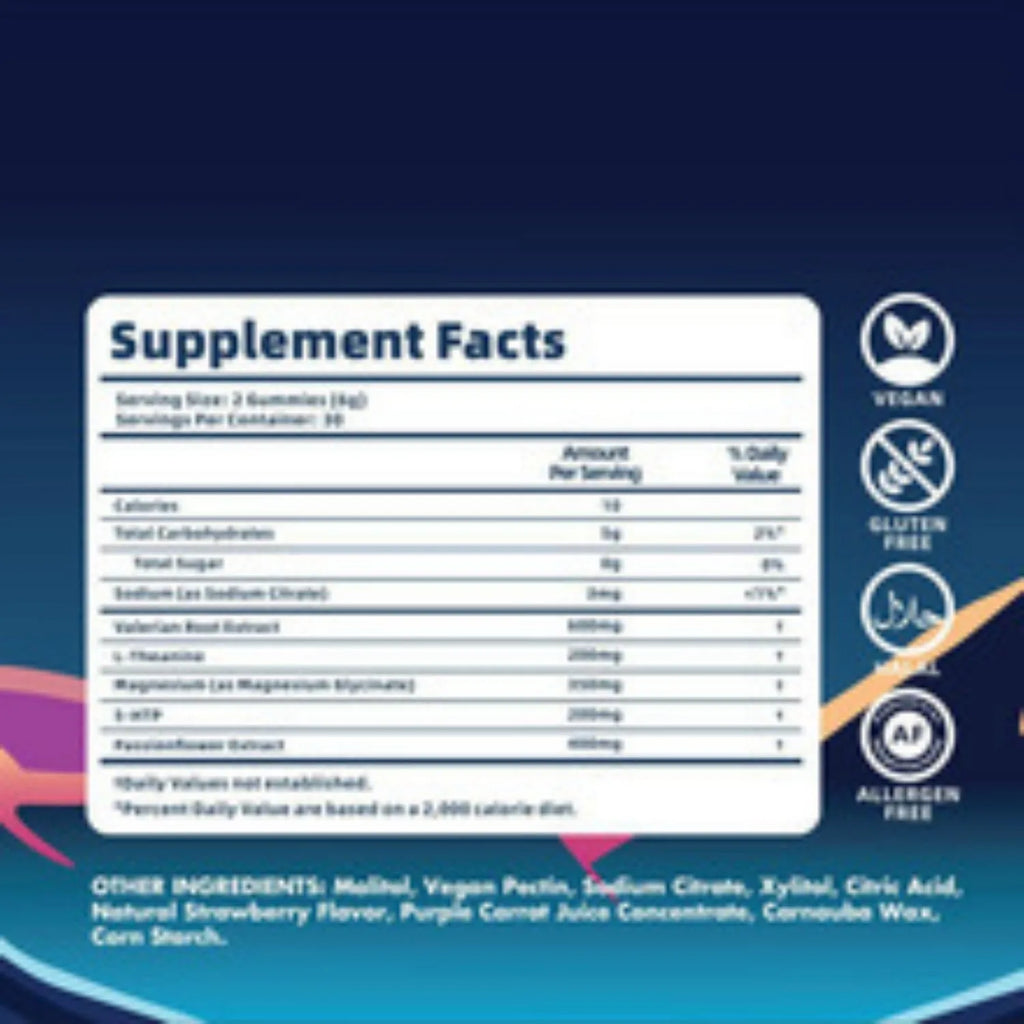 Sealed bottle containing 60 melatonin sleep gummy capsules for room temperature storage