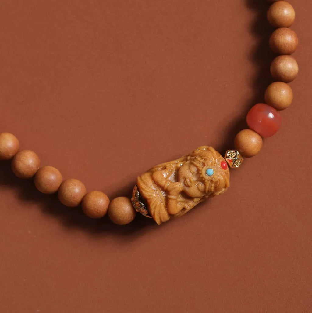 Traditional brown wooden Zachilam bracelet with woven 6mm beads and double circle design