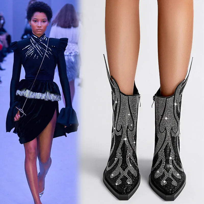 Women's black chunky heel Martin boots with square toe and rhinestone flame decoration.