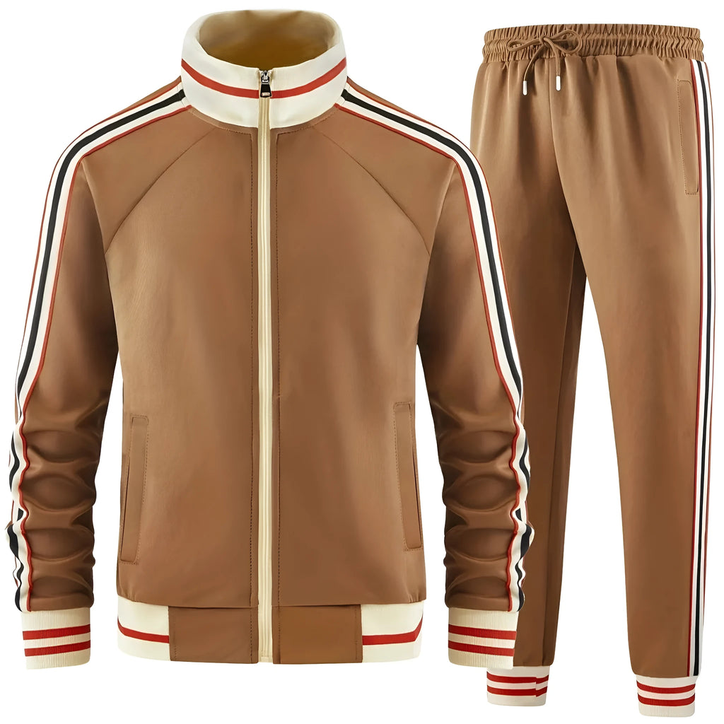 Street style polyester suit set with turtleneck zipper cardigan top and trousers on hanger
