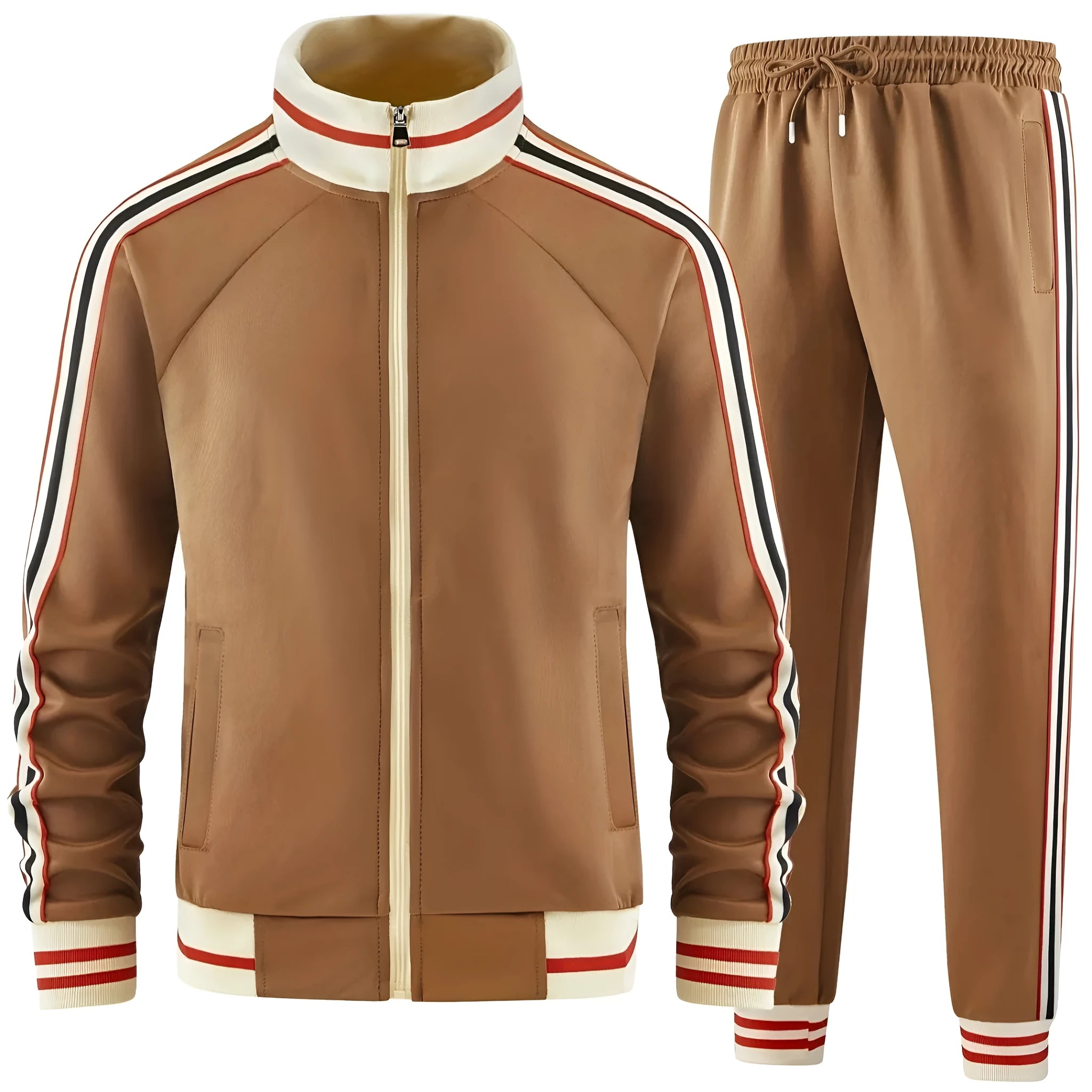 Street style polyester suit set with turtleneck zipper cardigan top and trousers on hanger