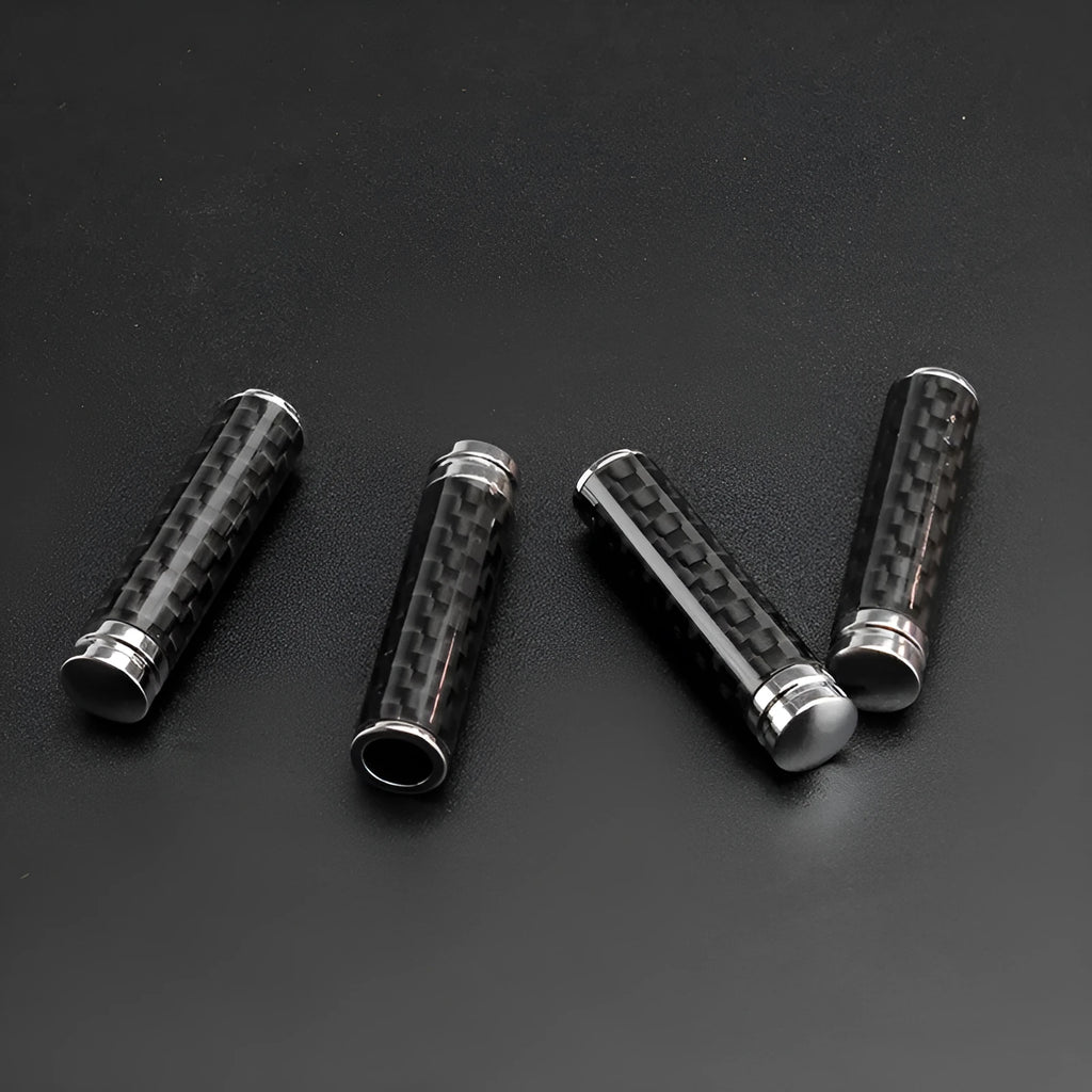 Set of four carbon fibre and metal car door lift decorative covers for direct replacement installation.