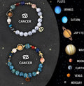 Two natural stone beaded bracelets with zodiac charms on dark background