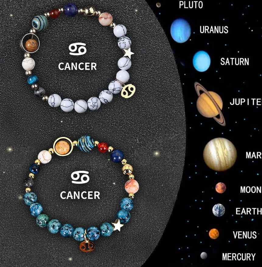 Two natural stone beaded bracelets with zodiac charms on dark background