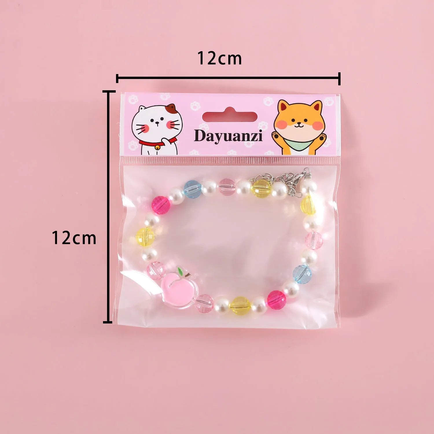 Colourful plastic cat necklace with bead patterns in rainbow, peach or small flower designs on adjustable 15-35cm collar