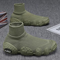 Breathable knitted mesh sneakers for men mid-top flat heel round toe solid colour blocking available in black brown army green sizes 39-46
