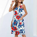 Women's sleeveless short floral printed dress in polyester for summer, shown on a hanger.