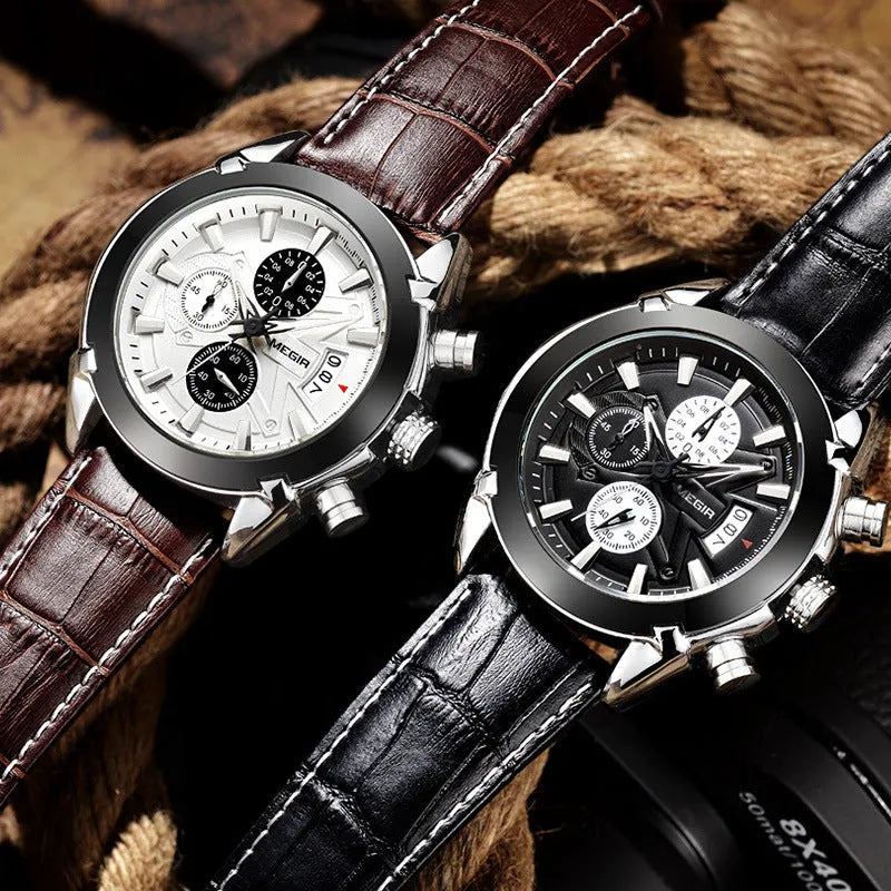 Men's quartz chronograph watch with three-eye display and luminous hands on black or brown dial