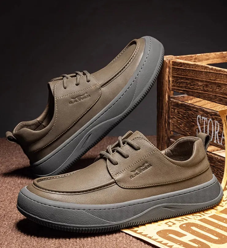 Brown retro-style casual leather shoes with big toe design on a neutral background