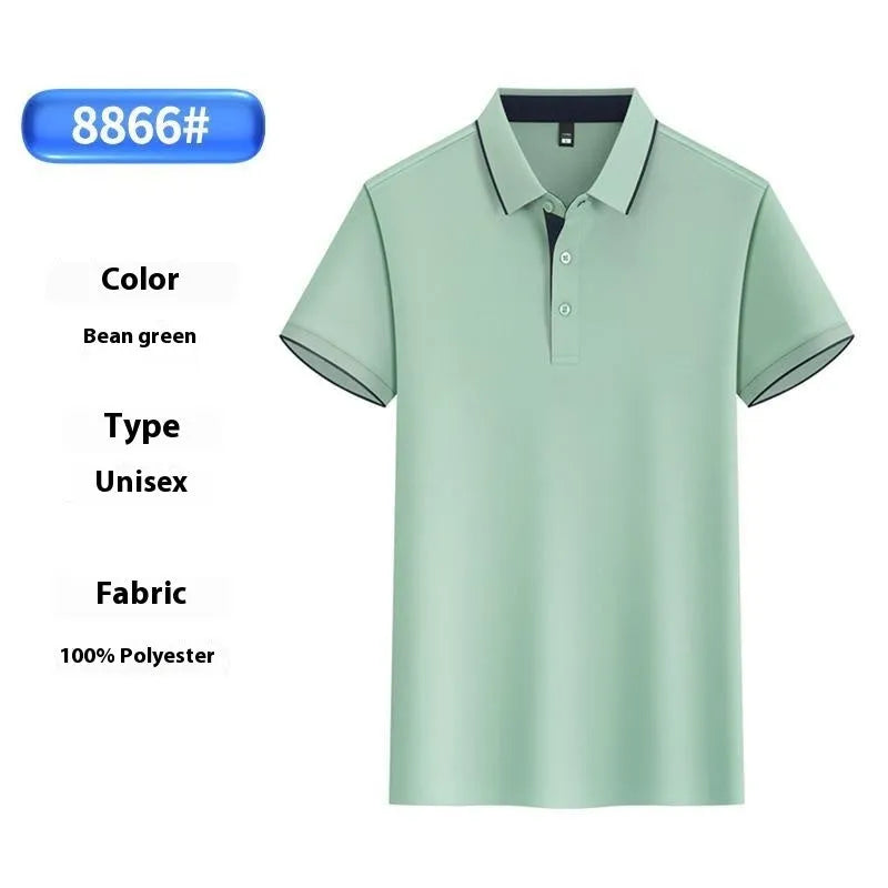 Men's light blue asymmetric design ice silk overalls polo shirt on a hanger