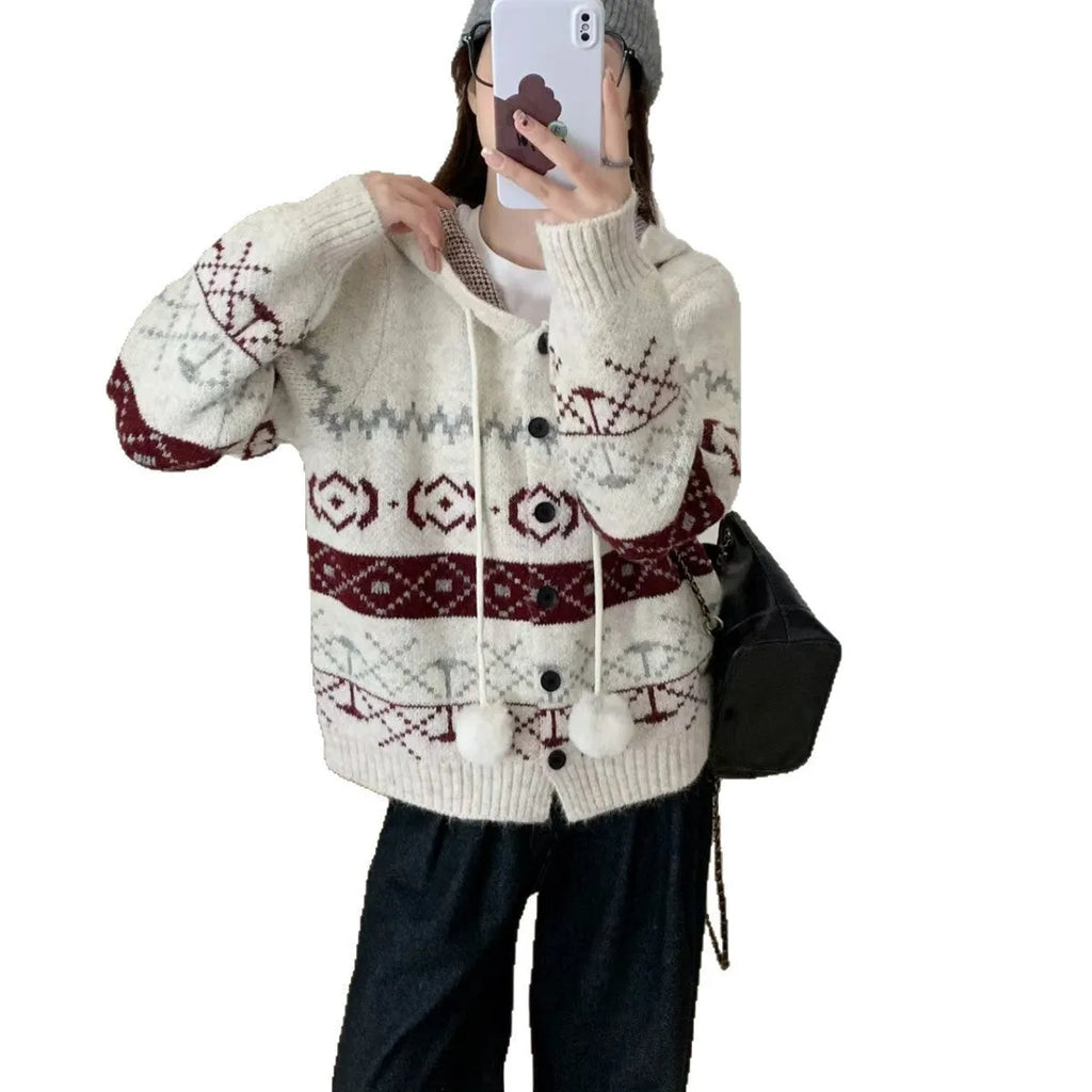 Geometric pattern brocade sweater coat for plus size women in milky white colour