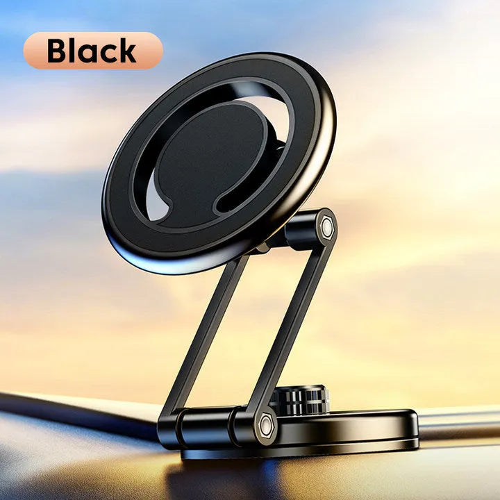 Telescopic folding magnetic car phone holder in black or silver mounted on a car dashboard.