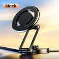 Telescopic folding magnetic car phone holder in black or silver mounted on a car dashboard.