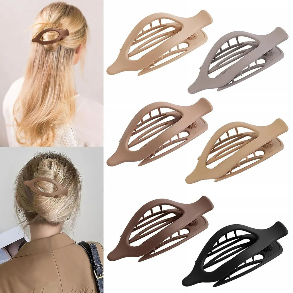 Set of six women's geometric hair clips with frosted plastic grip in rose red and nude colours