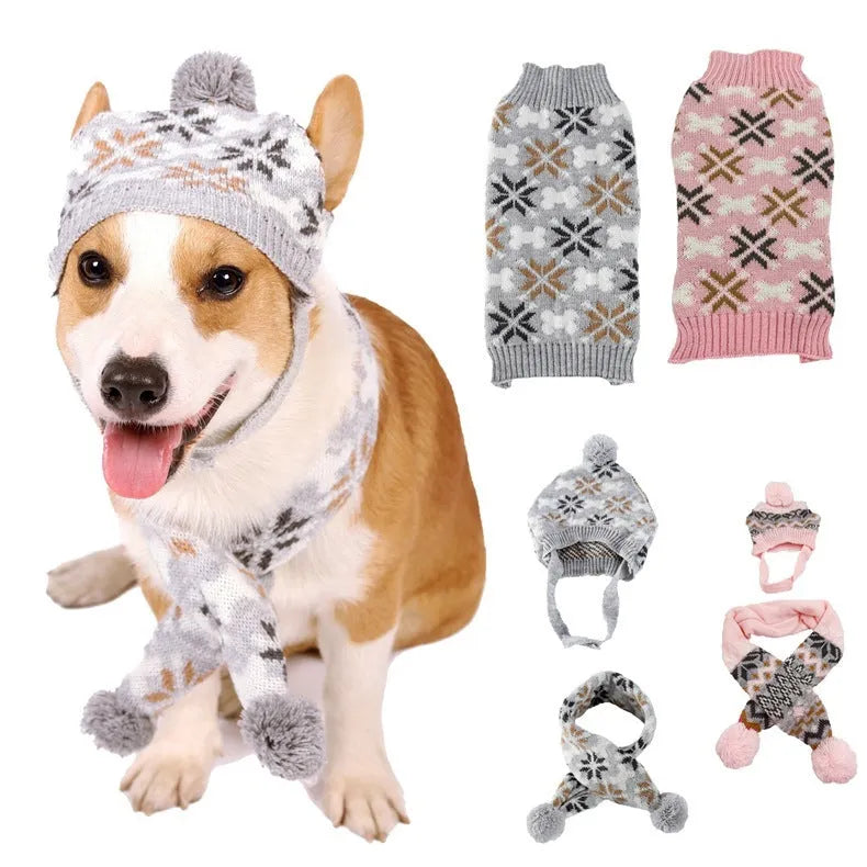 Grey Japanese-style jacquard knit sweater, hat and scarf set for a small dog on a mannequin.