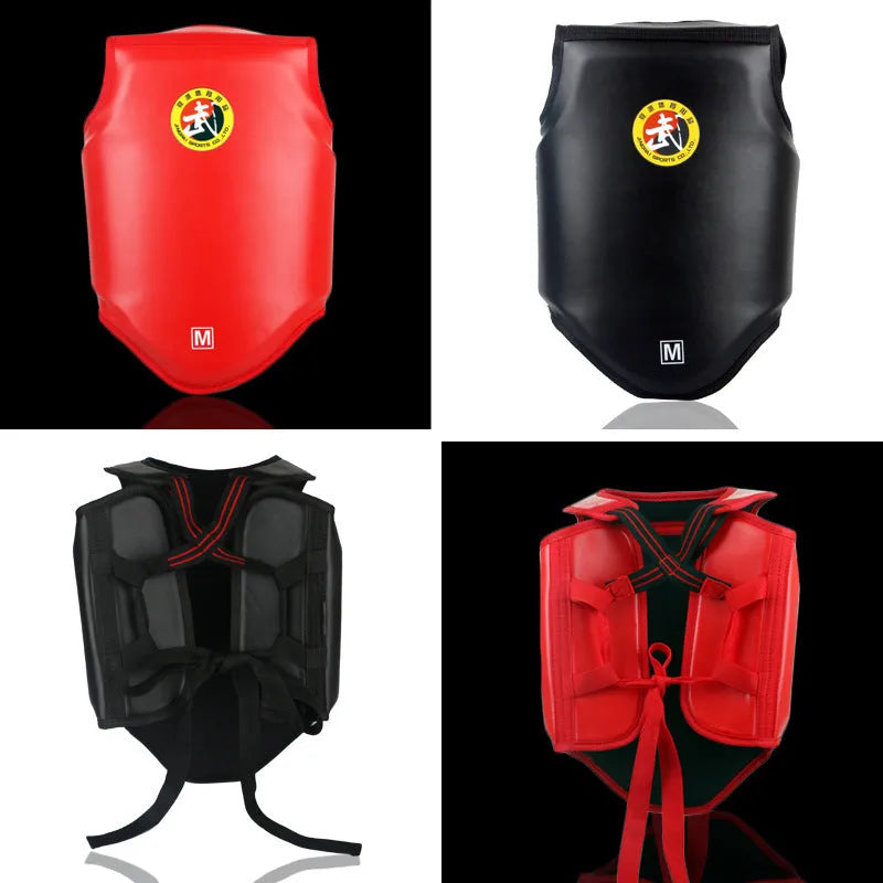 Boxing helmet and chest protector set for fighting training in red, blue, or black